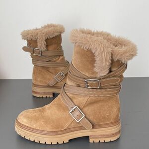 Gianvito Rossi Milano Camel Suede Faux Fur Boots Sz 36 (US 6.5) Straps Boho